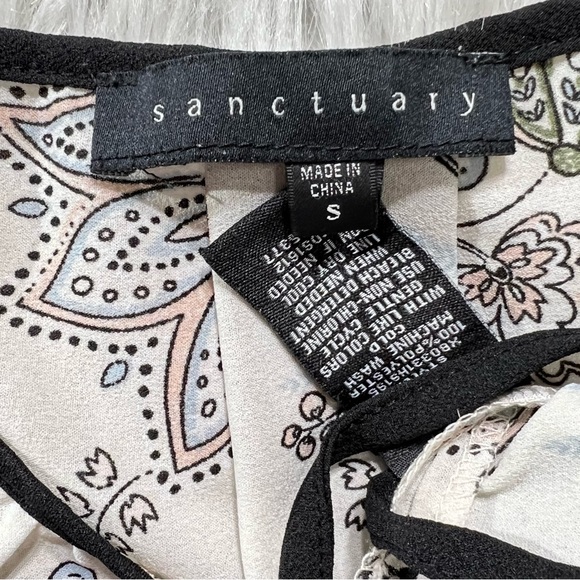 Sanctuary Floral Motif Print Pastel Cream Black Mixed Media Tie Neck Tunic Top S - Picture 8 of 9